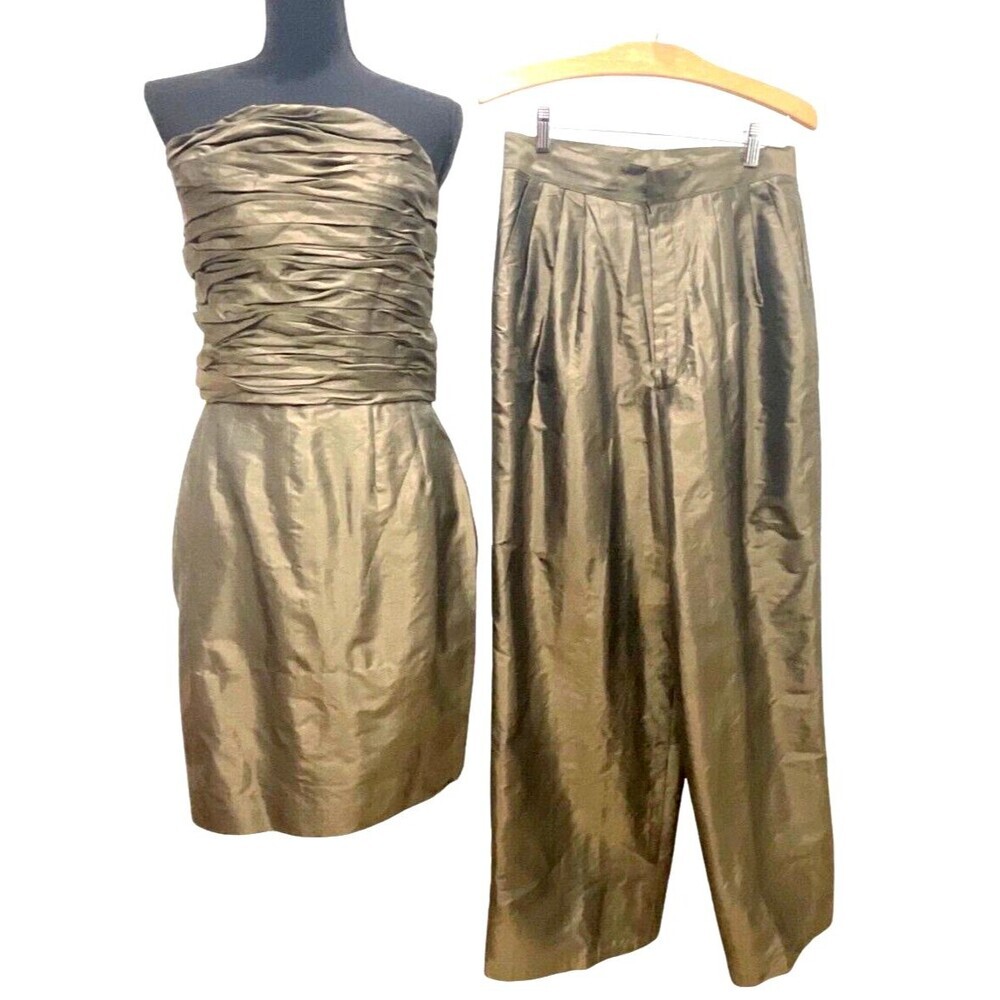 4PC Set Couture Skirt, Top, Pants & Hair Accessory  Ruched Top Back Zipper Gold